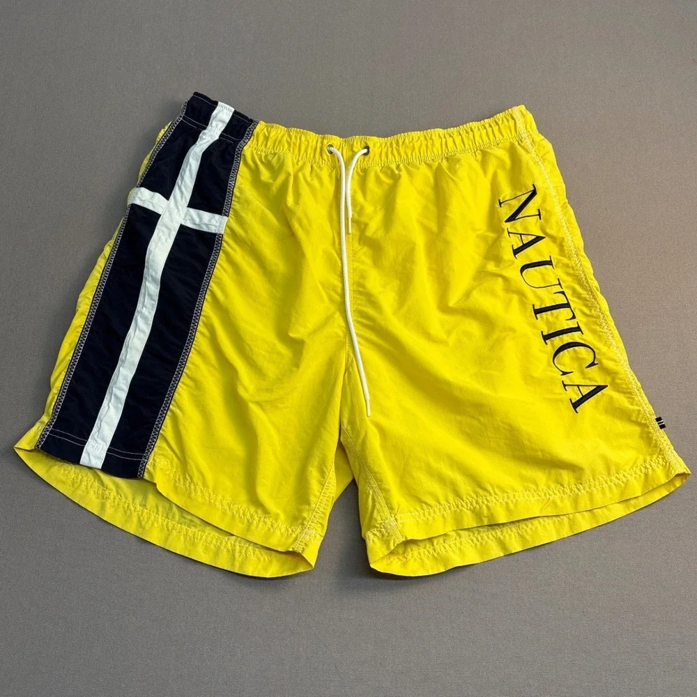 Nautica Mens Yellow Graphic Logo Swim Trunks Mesh Lined Shorts Size XXL